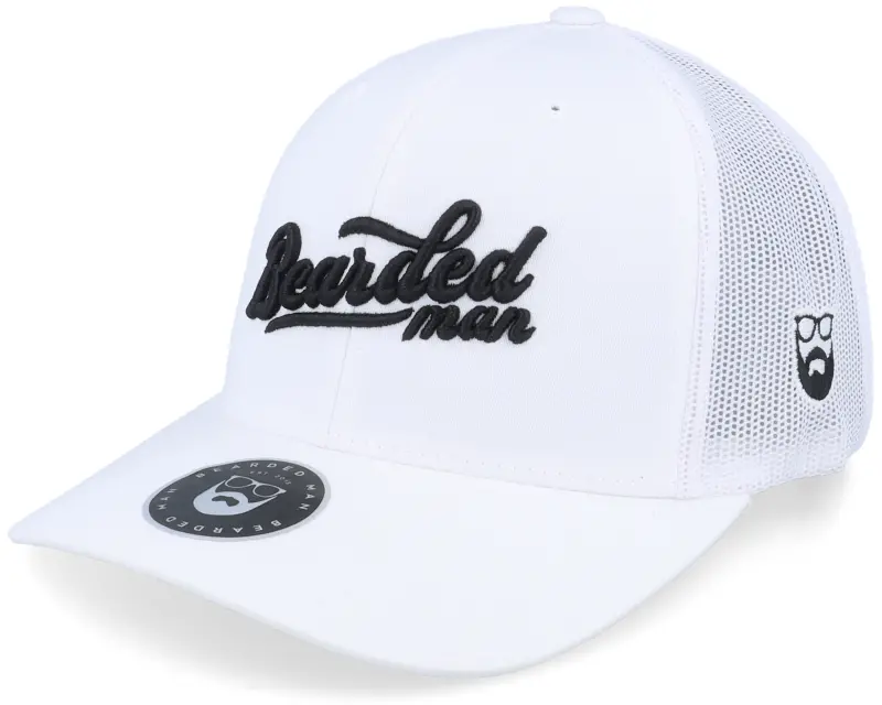 Bearded Man Retro Script Logo White Trucker online