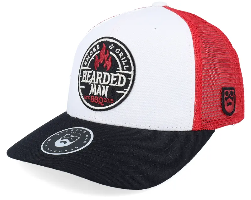 Bearded Man Smoke Grill Bbq Logo Blk White/Scarlet Trucker online