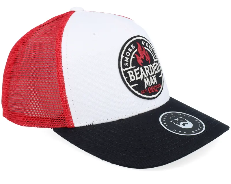 Bearded Man Smoke Grill Bbq Logo Blk White/Scarlet Trucker online
