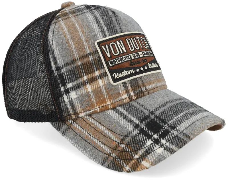 Von Dutch Flannel Patch Brown/Grey/Black A-Frame Trucker online