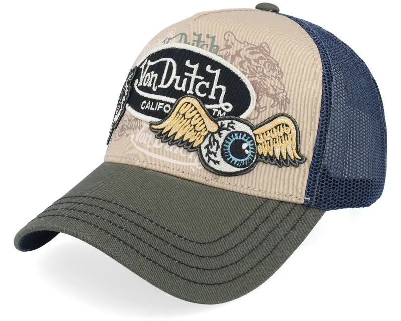 Von Dutch Multi Patches Navy/Brown/Dark Green A-Frame Trucker online