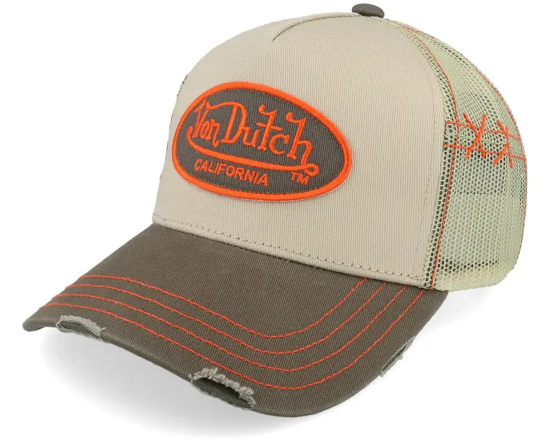 Von Dutch Oval Patch Distressed Beige/Brown A-Frame Trucker online