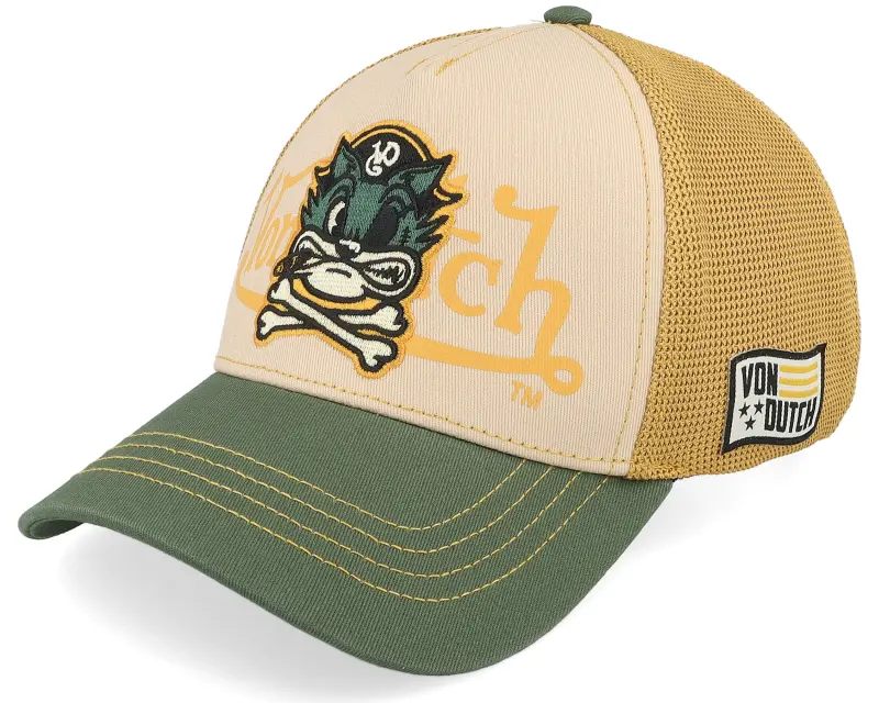Von Dutch Screen Print Orange/Beige/Dark Green A-Frame Trucker online