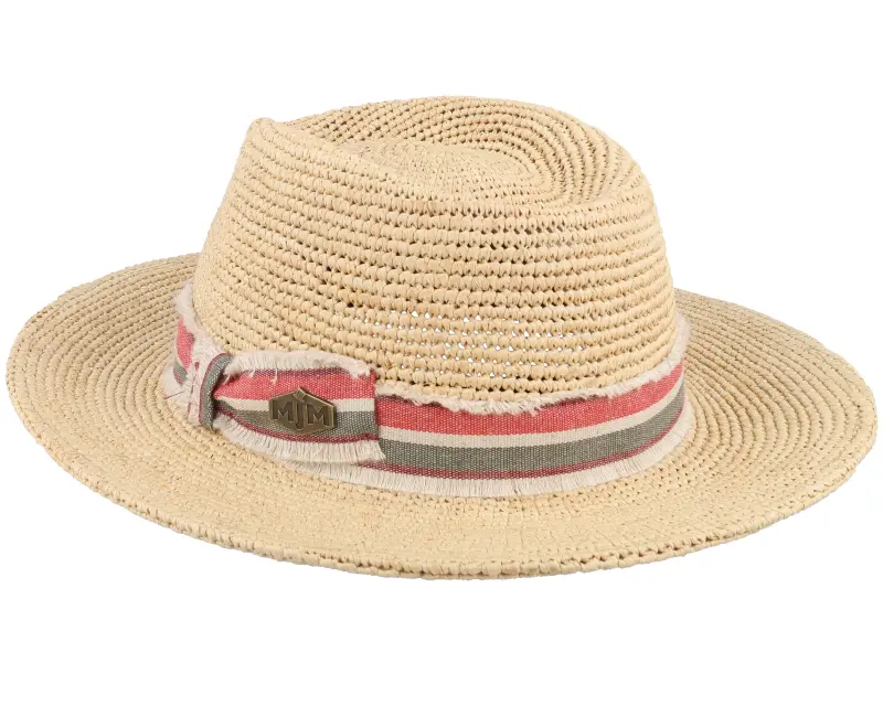 MJM Hats Mabel Crochet Raffia Natural Red Stripe Band Straw Hat online
