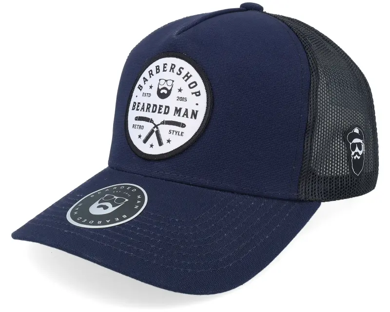 Bearded Man Barber Shop Retro Style Canvas Navy/Black A-frame Trucker online