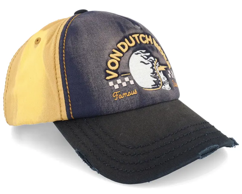 Von Dutch Distressed Print & Embroidery Navy/Yellow/Black A-frame Trucker online