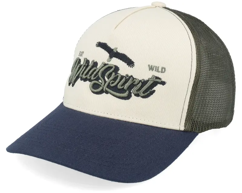 Wild Spirit Pin Script Stone/Olive/Navy A-frame Trucker online