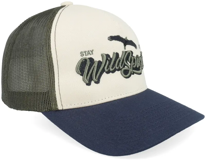 Wild Spirit Pin Script Stone/Olive/Navy A-frame Trucker online
