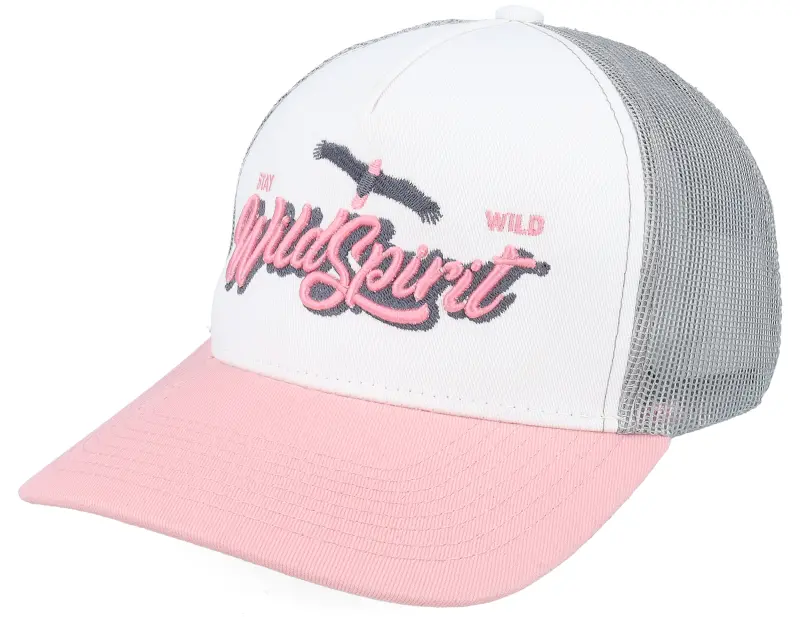 Wild Spirit Pin Script White/Grey/Light Pink A-frame Trucker online