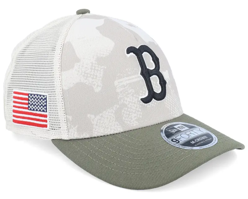 New Era Boston Red Sox MLB Armed Forces Day 9FORTY Stone/Olive A-frame Trucker online