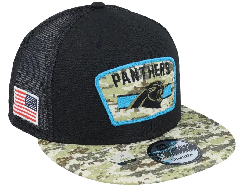 New Era Carolina Panthers NFL21 Salute To Service 9FIFTY Black/Camo Trucker online