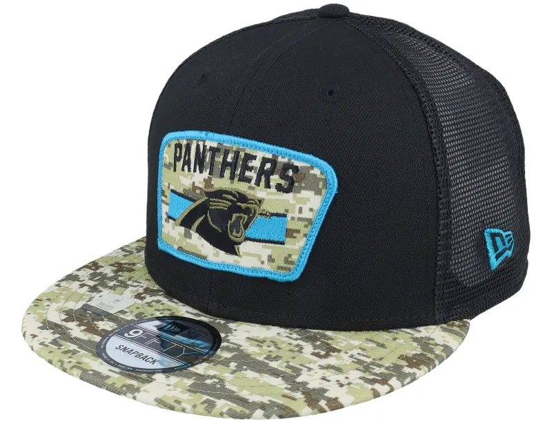 New Era Carolina Panthers NFL21 Salute To Service 9FIFTY Black/Camo Trucker online