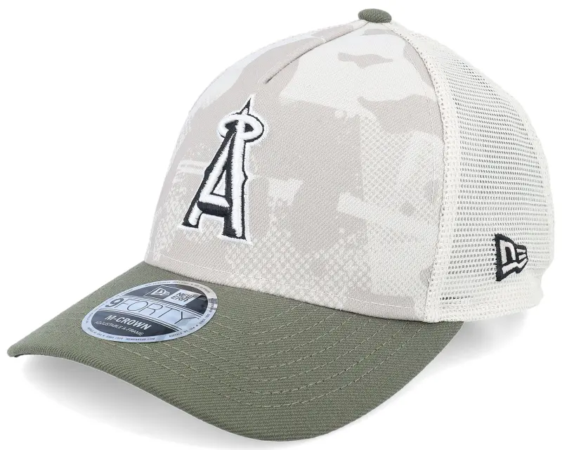 New Era Los Angeles Angels MLB Armed Forces Day 9FORTY Stone/Olive A-Frame Trucker online