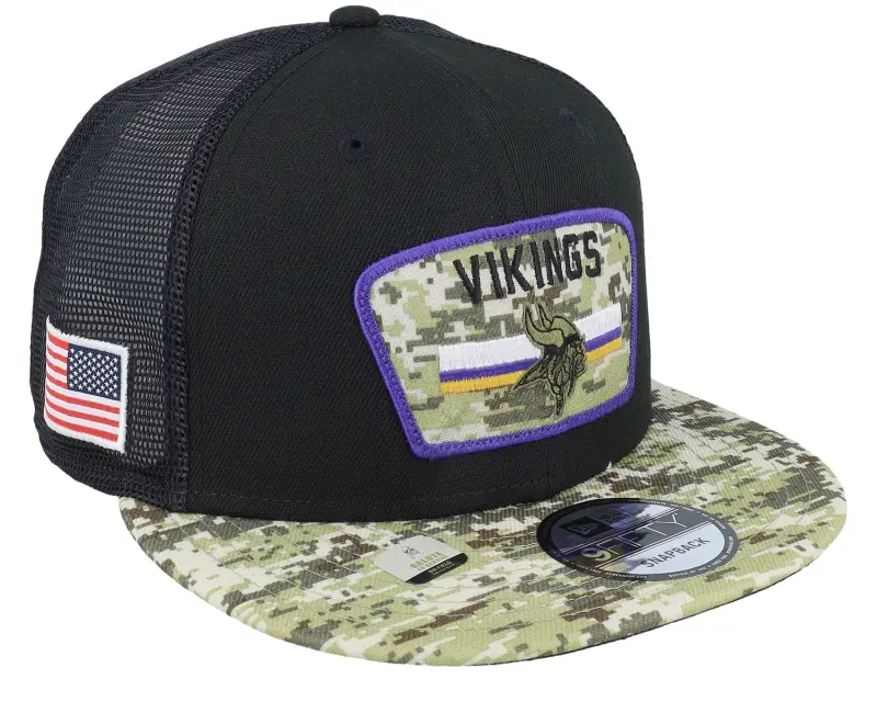 New Era Minnesota Vikings NFL21 Salute To Service 9FIFTY Black/Camo Trucker online